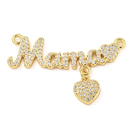 Rack Plating Brass Micro Pave Cubic Zirconia Pendants, Cadmium Free & Lead Free, Long-Lasting Plated, Word Mama with Heart for Mother's Day