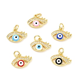 Rack Plating Brass Micro Pave Clear Cubic Zirconia Charms, with Jump Rings and Enamel, Cadmium Free & Lead Free, Evil Eye, Golden