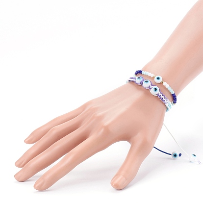 Ensemble de bracelets de perles tressées en cordon de polyester réglable et de bracelets extensibles, avec des perles de verre et des perles au chalumeau mauvais œil