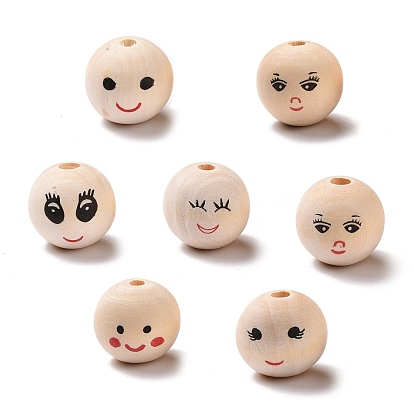 Printed Wood European Beads, Large Hole Round Bead with Smiling Face Pattern, Undyed