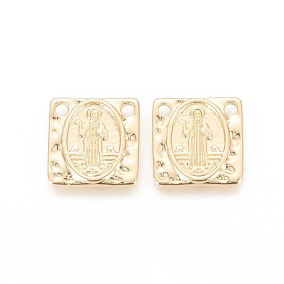 Brass Charms, Long-Lasting Plated, Square with Saint, Hammered