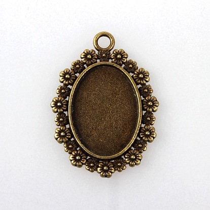 Vintage Tibetan Style Alloy Flower Pendant Cabochon Bezel Settings, Cadmium Free & Nickel Free & Lead Free, Oval Tray: 25x18mm, 41x29.5x2.5mm, Hole: 3mm, about 166pcs/kg