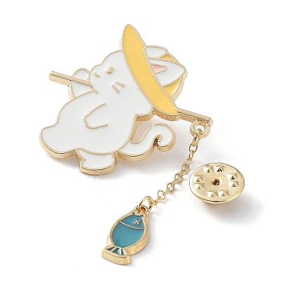 Alfileres de esmalte de gato de pesca, insignia de aleación de oro claro para mujer