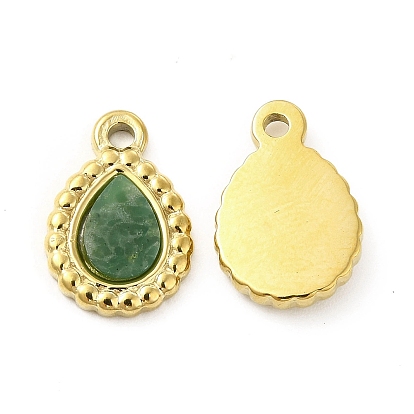 Natural African Jade Teardrop Charms, with Vacuum Plating Real 18K Gold Plated 201 Stainless Steel Findings