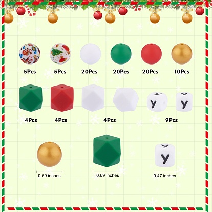 101Pcs Christmas Silicone Beads, DIY Nursing Necklaces and Bracelets Making, Chewing Pendants For Teethers, Round & Hexagon & Letter