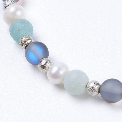 Stretch Bracelets, with Mixed Stone Beads, Grade A Pearl Beads and Brass Textured Beads