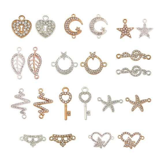 Kit de búsqueda de fabricación de joyas de bricolaje, Incluye conector de amuleto de eslabones de aleación., encantos de bronce, con diamantes de imitación de cristal, estrella y estrella de mar y hoja y luna y estrella y nota musical