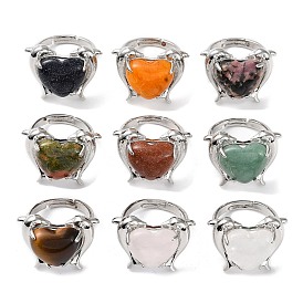 Natural & Synthetic Mixed Gemstone Dolphin & Heart Open Cuff Rings,  Long-Lasting Plated, for Women