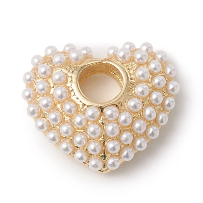 Eco-Friendly Rack Plating Brass European Beads, with Acrylic Imitation Pearl Beads, Large Hole Beads, Long-Lasting Plated, Lead Free & Cadmium Free, Heart