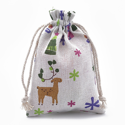 Bolsas de embalaje de poliéster (algodón poliéster) Bolsas con cordón, con tema de navidad impreso