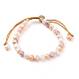 Adjustable Nylon Thread Braided Bead Bracelets, with Natural Cultured Freshwater Pearl Beads and Flat Round Brass Charms, Real 18K Gold Plated