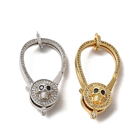 Rack Plating Brass Micro Pave Clear Cubic Zirconia Lobster Claw Clasps, Long-Lasting Plated, Lead Free & Cadmium Free, Skull