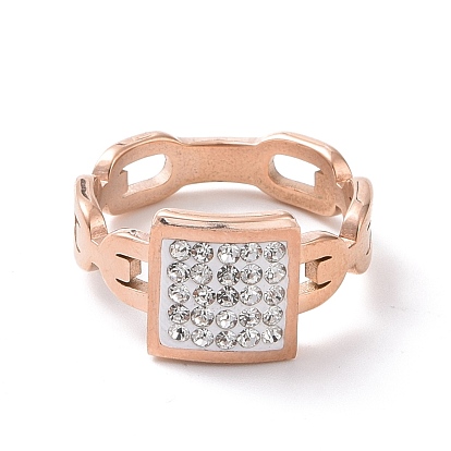 Crystal Rhinestone Rectangle Finger Ring, Ion Plating(IP) 304 Stainless Steel Jewelry for Women