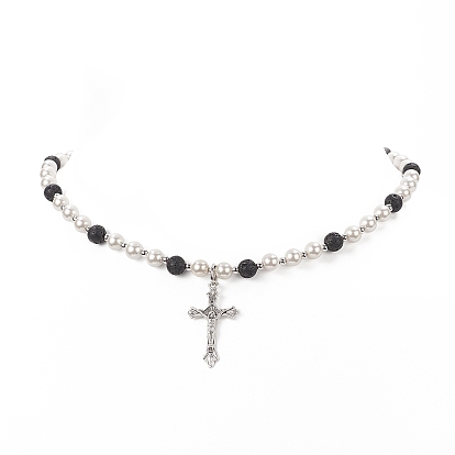 Ожерелье из сплава с крестом и крестом, Ожерелье с цепочками из бисера из натурального лавового камня и ракушек для женщин