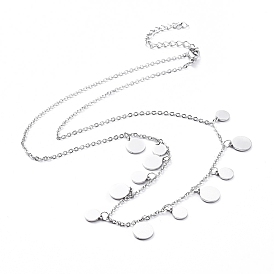304 Stainless Steel Pendant Bib Necklaces, with Cable Chains and Lobster Claw Clasps, Flat Round