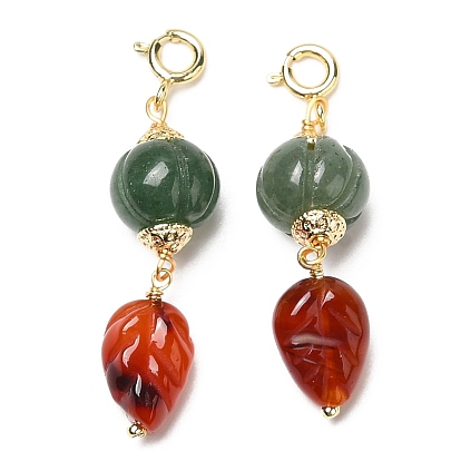 Natural Green Aventurine & Natural Agate Pendant Decorations, with Brass Spring Ring Clasps, Pumpkin & Leaf