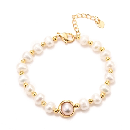 Pulseras de enlace de perlas naturales, real 18 k chapado en oro, Con cuentas redondas de latón, larga duración plateado
