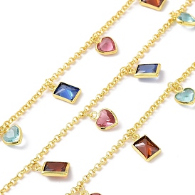 Colorful Glass Heart & Rectangle Charms Chains, with Rack Plating Eco-Friendly Handmade Brass Rolo Chains, Soldered, with Spool, Lead Free & Cadmium Free & Nickel Free
