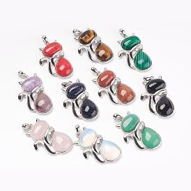 Gemstone Kitten Pendants, with Brass Findings, Cat Silhouette Shape, Platinum