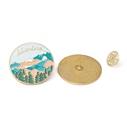 Creative Zinc Alloy Brooches, Enamel Lapel Pin, with Iron Butterfly Clutches or Rubber Clutches, Flat Round with Word Adventure