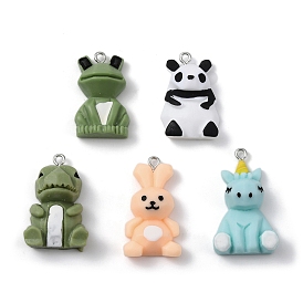 Frog/Dinosaur/Panda/Rabbit/Unicorn Opaque Resin Pendants, Animal Charms with Platinum Plated Iron Loops