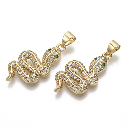 Brass Micro Pave Cubic Zirconia Pendants, with Brass Snap On Bails, Nickel Free, Snake, Clear & Green