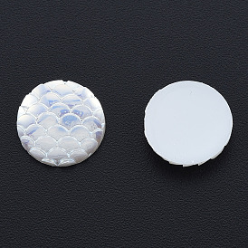 ABS Plastic Imitation Pearl Cabochons, AB Color Plated, Flat Round with Fish Scale Pattern
