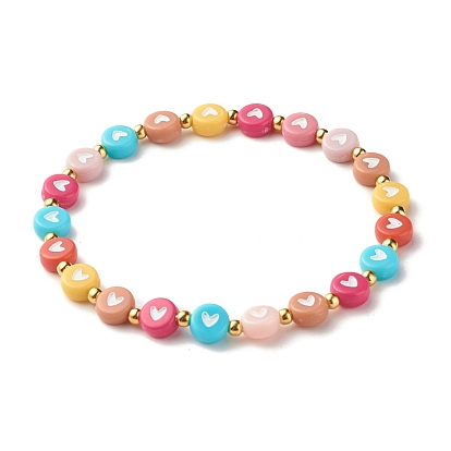 Flat Round with Heart Beaded Stretch Bracelet for Women, Golden