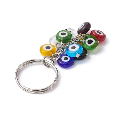 Handmade Evil Eye Lampwork Beads Keychain, with Iron Split Key Rings, Round/Hamsa Hand/Flat Round/Flower