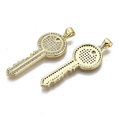 Brass Micro Pave Clear Cubic Zirconia Pendants, with Brass Snap on Bails, Nickel Free, Key