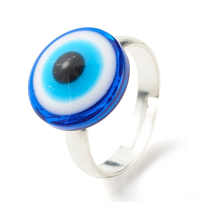 Flat Round with Evil Eye Resin Adjustable Ring, Protection Lucky Brass Finger Ring for Women, Platinum
