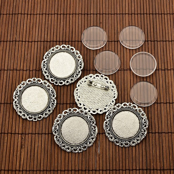 25 mm cabochons de verre transparent et les supports broche rond et plat de style tibétain, sans cadmium et sans nickel et sans plomb, supports cabochons: 39 mm, Plateau: 25 mm, pin: 0.8 mm