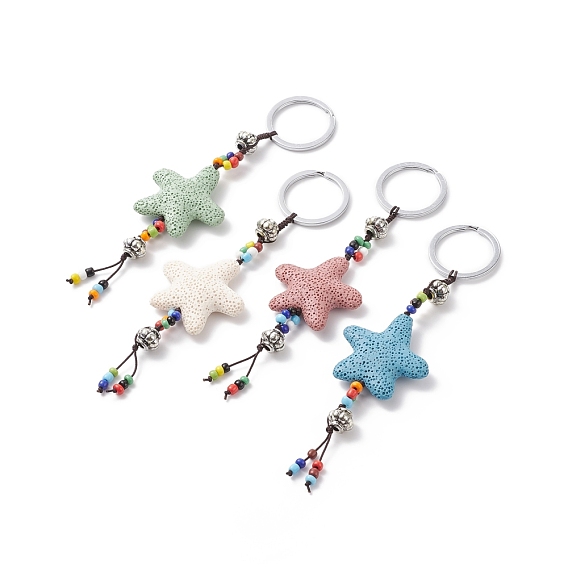 Porte-clés perles de pierre de lave naturelle étoile, avec bague en fer et les accessoires en alliage, 145mm