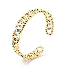 Colorful Cubic Zirconia Flat Round Open Cuff Bangle, Brass Hollow Bangle for Women, Cadmium Free & Nickel Free & Lead Free