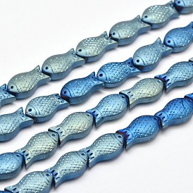 Full Plated Frosted Electroplate Glass Fish Beads Strands, 15x8x5mm, Hole: 1mm, about 30pcs/strand, 16 inch