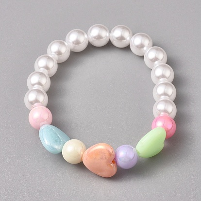 Bracelets extensibles en perles acryliques pour enfants, avec des perles d'imitation en plastique écologiques et des perles acryliques, coeur et rond