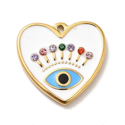 Placage ionique (ip) 304 pendentifs en strass en acier inoxydable, avec l'émail, or, coeur avec des yeux