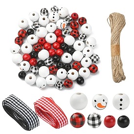 DIY Christmas Snowman Pendant Decoration Making Kit, Including Dyed Natural Wood Beads, Round, Jute String, Polyester Ribbon, for Arts Crafts