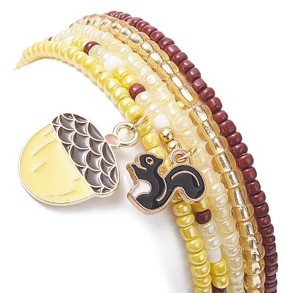 5 pcs 5 ensemble de bracelets extensibles en perles de verre de style, breloques en émail en alliage d'écureuil et de gland bracelets empilables pour femmes