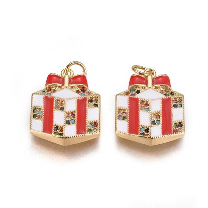 Laiton cubes pendentifs zircone, avec émail et anneau de saut, Cadeau de Noël, rouge