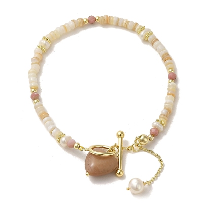Natural Rhodonite Heart Bracelet, Pearl & Shell Beaded Bracelet