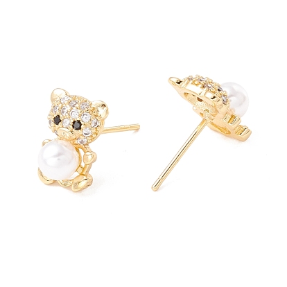 Cubic Zirconia Bear Stud Earrings with Acrylic Pearl, Brass Jewelry for Women, Lead Free & Cadmium Free