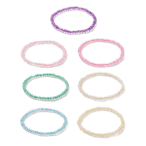 7Pcs 7 Color Candy Color Glass Seed Beaded Stretch Bracelets Set for Women
