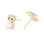 Cubic Zirconia Bear Stud Earrings with Acrylic Pearl, Brass Jewelry for Women, Lead Free & Cadmium Free