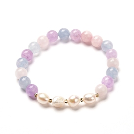 Stone Stretch Bracelet for Girl Women, Natural Aquamarine & Rose Quartz & Amethyst & Natural Pearl Beads Bracelet