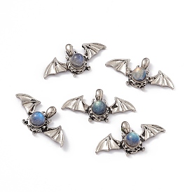 Natural Labradorite Pendants, Halloween Bat Charms, with Antique Silver Color Brass Findings