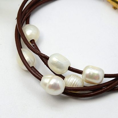 Fashion Bracelets, Cowhide Leather Cord with Freshwater Pearl Beads and Brass Magnetic Swivel Clasps, 185mm