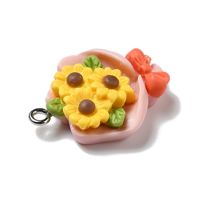 Opaque Resin Pendants, with Platinum Tone Iron Loops, Sunflower