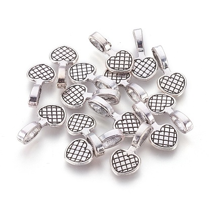 Tibetan Style Alloy Heart Carved Mesh Flat Pad Pendant Bails, Cadmium Free & Lead Free, 20x10x6mm, Hole: 7mm, about 1070pcs/1000g