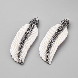 Freshwater Shell Pendants, with Rhinestone, Feather